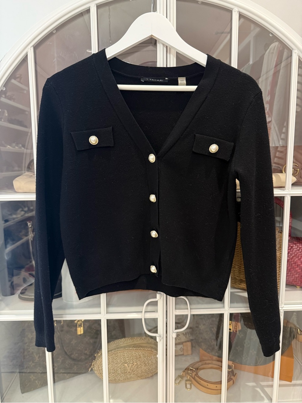 T Tahari Black V-Neck Cardigan with Pearl Buttons